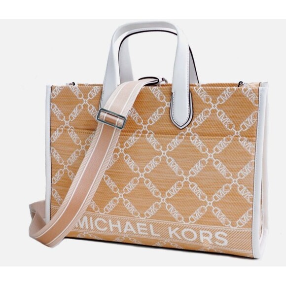 NWT MICHAEL KORS Gigi Large Logo Tote Grab Signature HandBag Natural / White - Picture 1 of 7